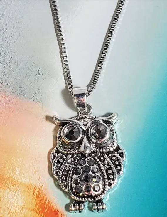 Necklaces polly AZ102 Silver Rhinestone Owl Necklace with FREE Earrings