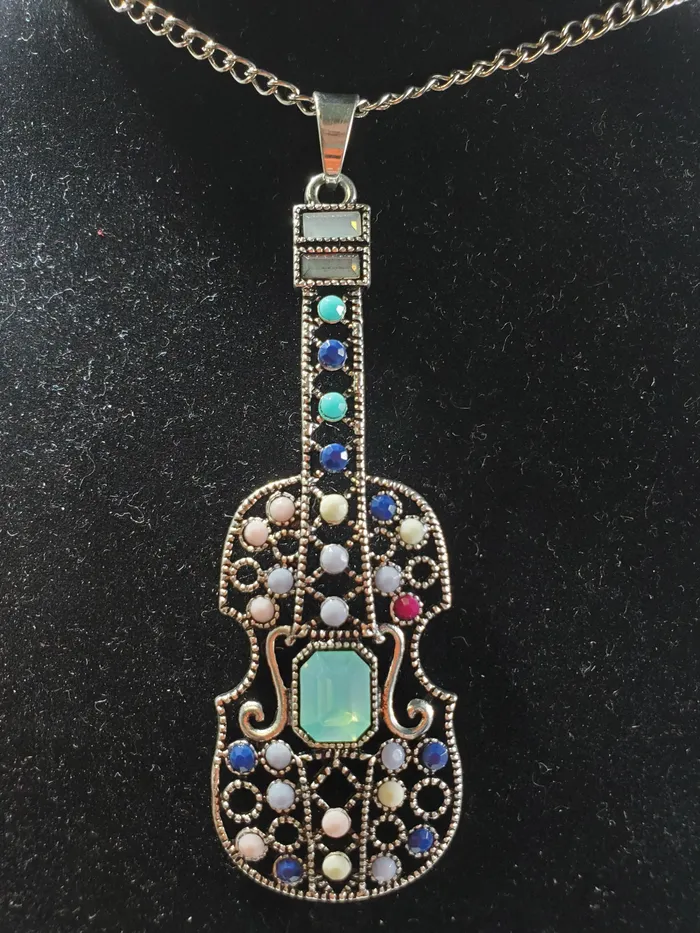 Necklaces polly N1609 Silver Gemstone Guitar Long Chain Necklace with FREE Earrings Necklaces polly N1609 Silver Gemstone Guitar Long Chain Necklace with FREE Earrings