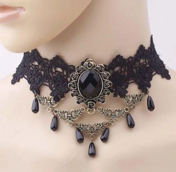 Necklaces Polly N752 Black Lace Choker Filigree Necklace With FREE Earrings