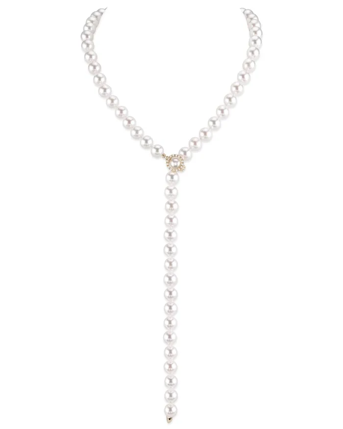 Necklaces spt 8085mm White Freshwater Pearl Diamond Adjustable YShape Necklace AAAA Quality