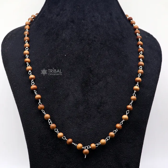 Necklaces TRIBAL ORNAMENTS 54108 beads Jaap japa mala Sandal Chandan mala sandal wood handmade round beads 925 silver chain necklace meditation necklace ch559 Necklaces TRIBAL ORNAMENTS 54108 beads Jaap japa mala Sandal Chandan mala sandal wood handmade round beads 925 silver chain necklace meditation necklace ch559