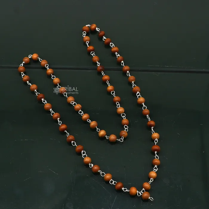 Necklaces TRIBAL ORNAMENTS 54108 beads Jaap japa mala Sandal Chandan mala sandal wood handmade round beads 925 silver chain necklace meditation necklace ch559 Necklaces TRIBAL ORNAMENTS 54108 beads Jaap japa mala Sandal Chandan mala sandal wood handmade round beads 925 silver chain necklace meditation necklace ch559