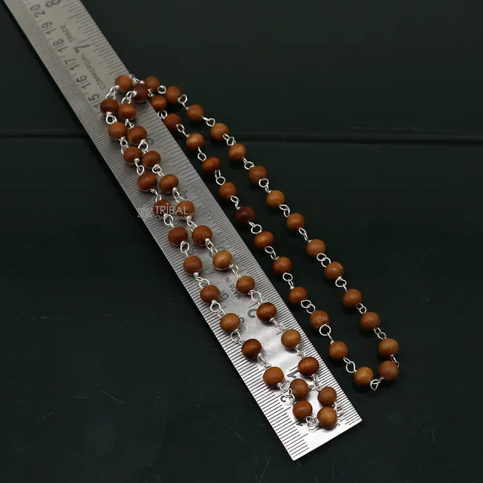 Necklaces TRIBAL ORNAMENTS 54108 beads Jaap japa mala Sandal Chandan mala sandal wood handmade round beads 925 silver chain necklace meditation necklace ch559 Necklaces TRIBAL ORNAMENTS 54108 beads Jaap japa mala Sandal Chandan mala sandal wood handmade round beads 925 silver chain necklace meditation necklace ch559