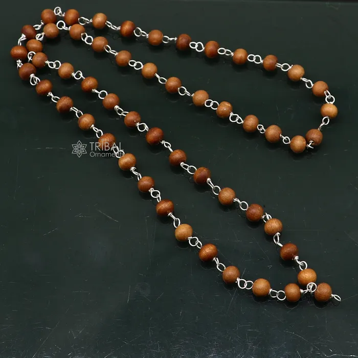 Necklaces TRIBAL ORNAMENTS 54108 beads Jaap japa mala Sandal Chandan mala sandal wood handmade round beads 925 silver chain necklace meditation necklace ch559 Necklaces TRIBAL ORNAMENTS 54108 beads Jaap japa mala Sandal Chandan mala sandal wood handmade round beads 925 silver chain necklace meditation necklace ch559