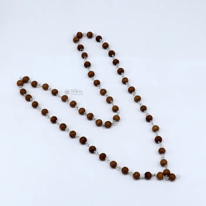 Necklaces TRIBAL ORNAMENTS 54108 beads Jaap japa mala Sandal Chandan mala sandal wood handmade round beads 925 silver chain necklace meditation necklace ch559 Necklaces TRIBAL ORNAMENTS 54108 beads Jaap japa mala Sandal Chandan mala sandal wood handmade round beads 925 silver chain necklace meditation necklace ch559