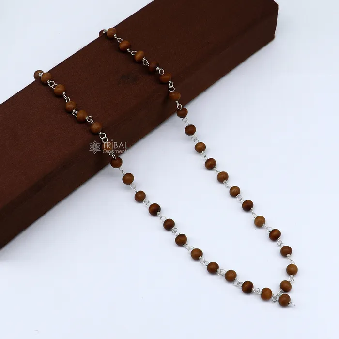 Necklaces TRIBAL ORNAMENTS 54108 beads Jaap japa mala Sandal Chandan mala sandal wood handmade round beads 925 silver chain necklace meditation necklace ch559 Necklaces TRIBAL ORNAMENTS 54108 beads Jaap japa mala Sandal Chandan mala sandal wood handmade round beads 925 silver chain necklace meditation necklace ch559