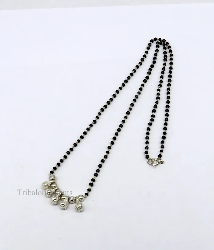 Necklaces TRIBAL ORNAMENTS 925 sterling silver black beads chain necklace gorgeous small jingling bells design pendant traditional style chain beaded necklace set226