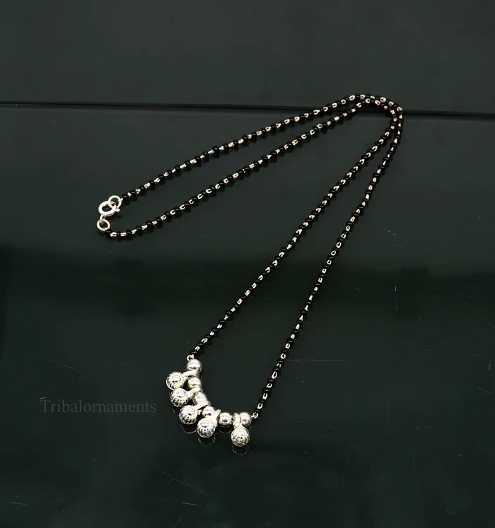 Necklaces TRIBAL ORNAMENTS 925 sterling silver black beads chain necklace gorgeous small jingling bells design pendant traditional style chain beaded necklace set226