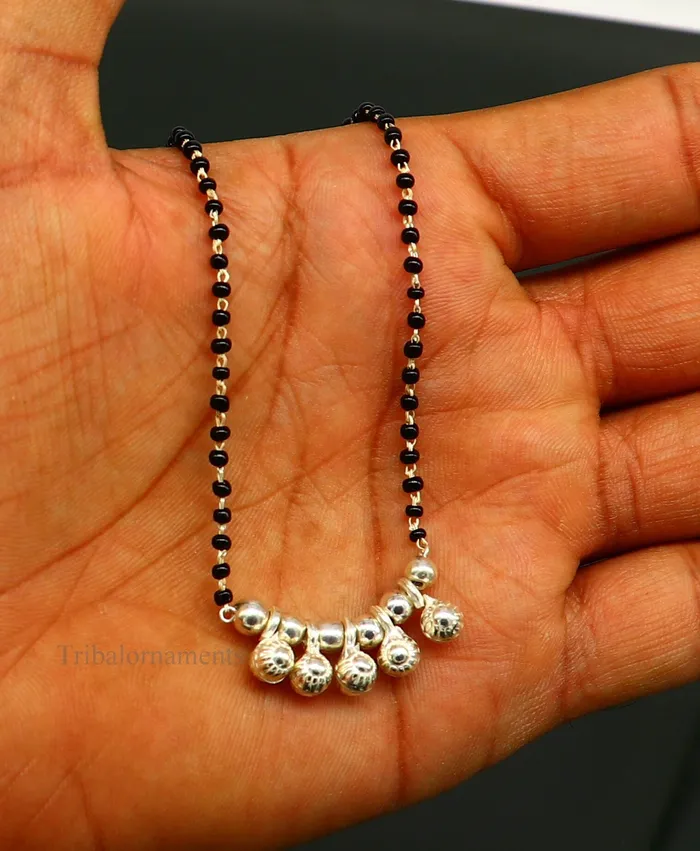 Necklaces TRIBAL ORNAMENTS 925 sterling silver black beads chain necklace gorgeous small jingling bells design pendant traditional style chain beaded necklace set226