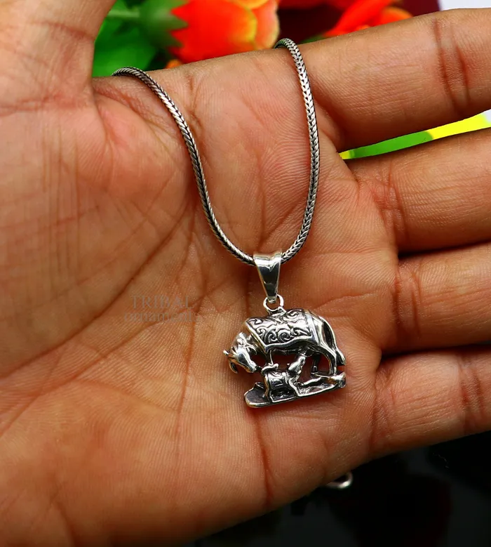 Necklaces TRIBAL ORNAMENTS 925 sterling silver handmade elegant divine kamdhenu cow with calf pendant amazing cow and calf pendant attractive pendant ssp1568