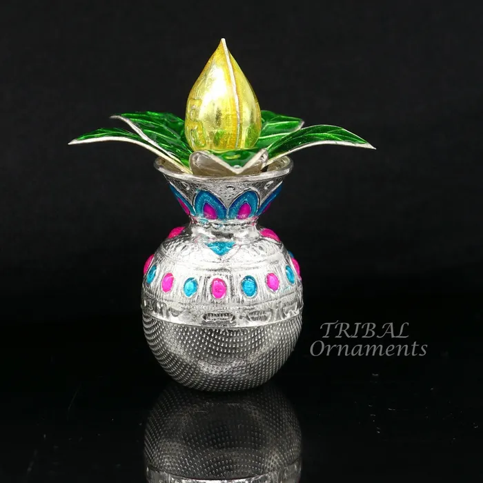 Necklaces TRIBAL ORNAMENTS Solid sterling silver handmade vintage design puja kalash with silver coconuts and leaf excellent home temple article worshipping su865 Necklaces TRIBAL ORNAMENTS Solid sterling silver handmade vintage design puja kalash with silver coconuts and leaf excellent home temple article worshipping su865