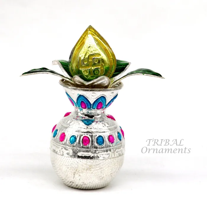 Necklaces TRIBAL ORNAMENTS Solid sterling silver handmade vintage design puja kalash with silver coconuts and leaf excellent home temple article worshipping su865