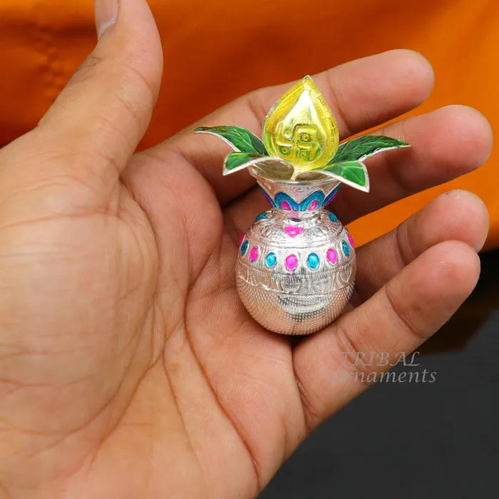 Necklaces TRIBAL ORNAMENTS Solid sterling silver handmade vintage design puja kalash with silver coconuts and leaf excellent home temple article worshipping su865