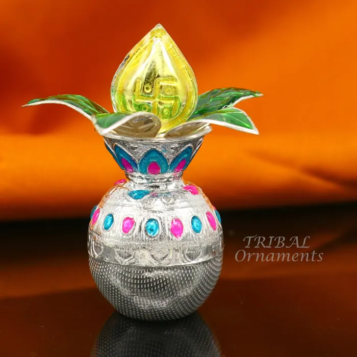 Necklaces TRIBAL ORNAMENTS Solid sterling silver handmade vintage design puja kalash with silver coconuts and leaf excellent home temple article worshipping su865