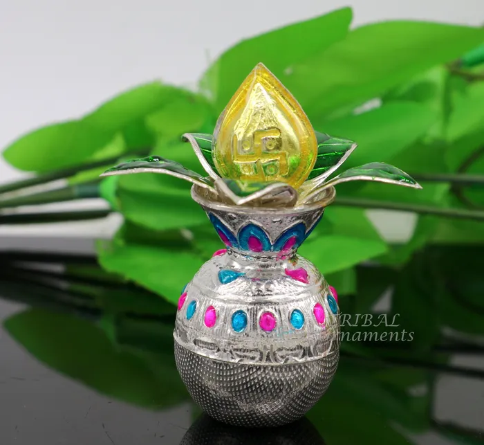 Necklaces TRIBAL ORNAMENTS Solid sterling silver handmade vintage design puja kalash with silver coconuts and leaf excellent home temple article worshipping su865