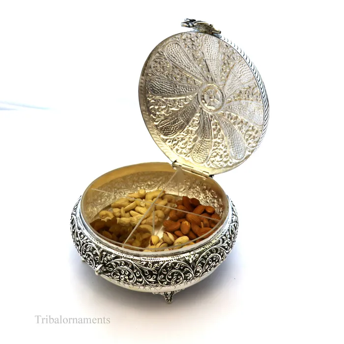 Necklaces TRIBAL ORNAMENTS Vintage antique Royal design handmade 925 sterling silver dry fruit box candy box jewelry box best brides gift or corporation gift box02