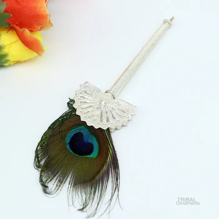 Necklaces TRIBAL ORNAMENTS Vintage antique style handmade Mor chhadi with peacock feather best lord krishna laddu gopal gift silver pankhi silver mor chadi su602