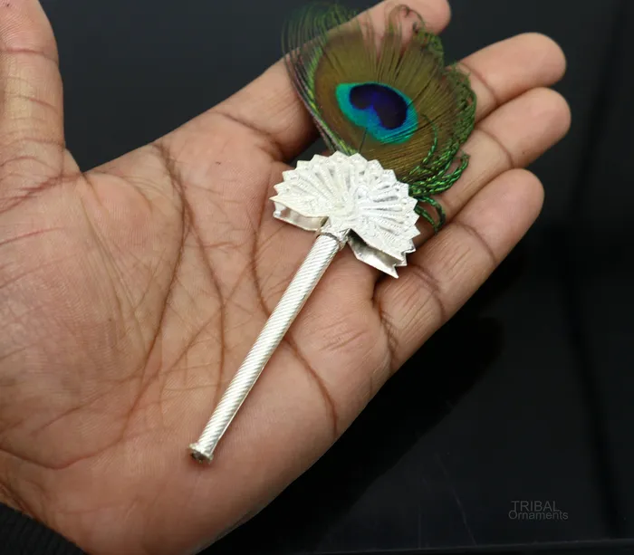 Necklaces TRIBAL ORNAMENTS Vintage antique style handmade Mor chhadi with peacock feather best lord krishna laddu gopal gift silver pankhi silver mor chadi su602