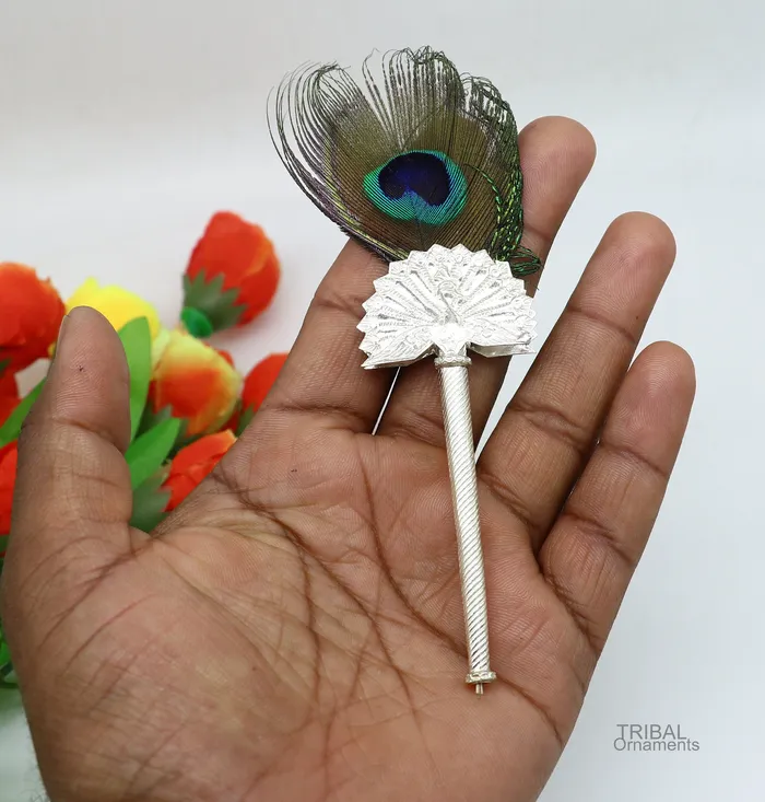 Necklaces TRIBAL ORNAMENTS Vintage antique style handmade Mor chhadi with peacock feather best lord krishna laddu gopal gift silver pankhi silver mor chadi su602