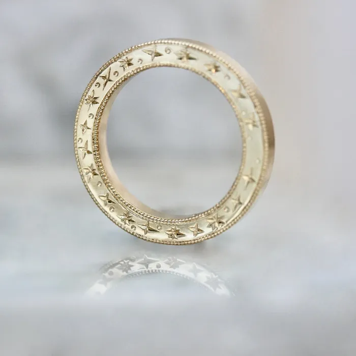 One Golden Ring Celestial Star Engraved Band Made By Gem Breakfast Rings