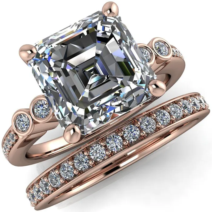 Pascala Asscher Moissanite Diamond Side 4 Prong Engagement Ring Fire Brilliance Rings