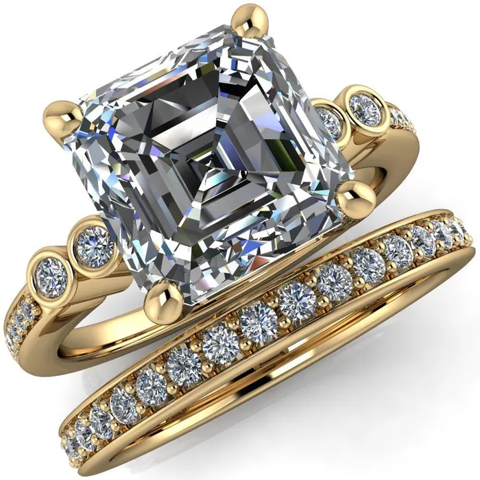Pascala Asscher Moissanite Diamond Side 4 Prong Engagement Ring Fire Brilliance Rings