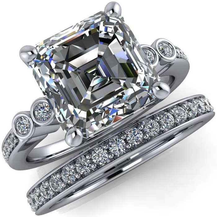 Pascala Asscher Moissanite Diamond Side 4 Prong Engagement Ring Fire Brilliance Rings