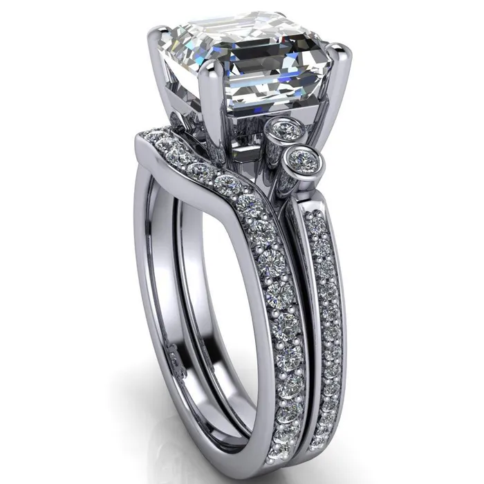 Pascala Asscher Moissanite Diamond Side 4 Prong Engagement Ring Fire Brilliance Rings