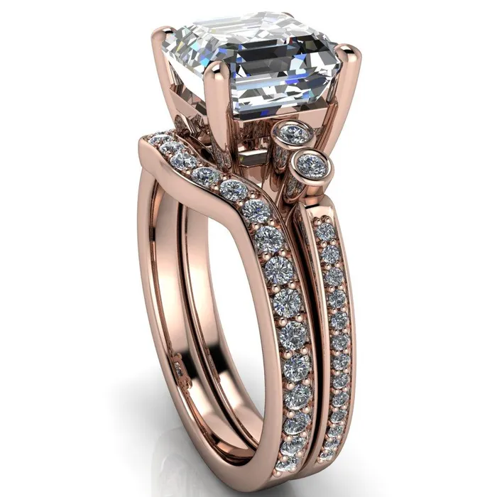 Pascala Asscher Moissanite Diamond Side 4 Prong Engagement Ring Fire Brilliance Rings