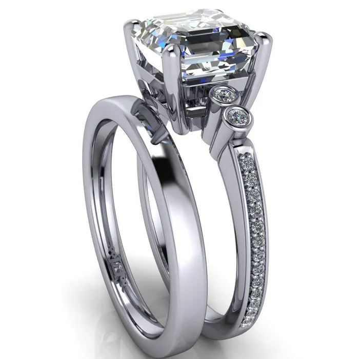 Pascala Asscher Moissanite Diamond Side 4 Prong Engagement Ring Fire Brilliance Rings