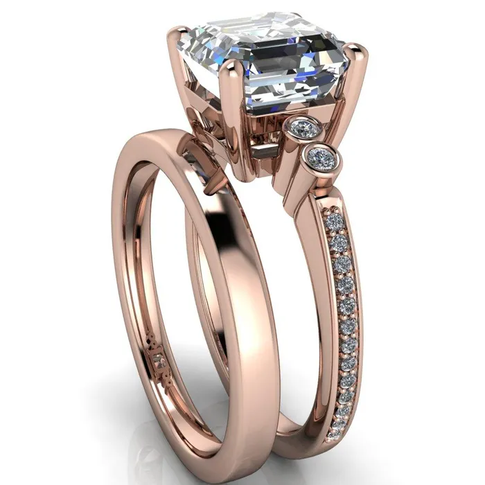 Pascala Asscher Moissanite Diamond Side 4 Prong Engagement Ring Fire Brilliance Rings