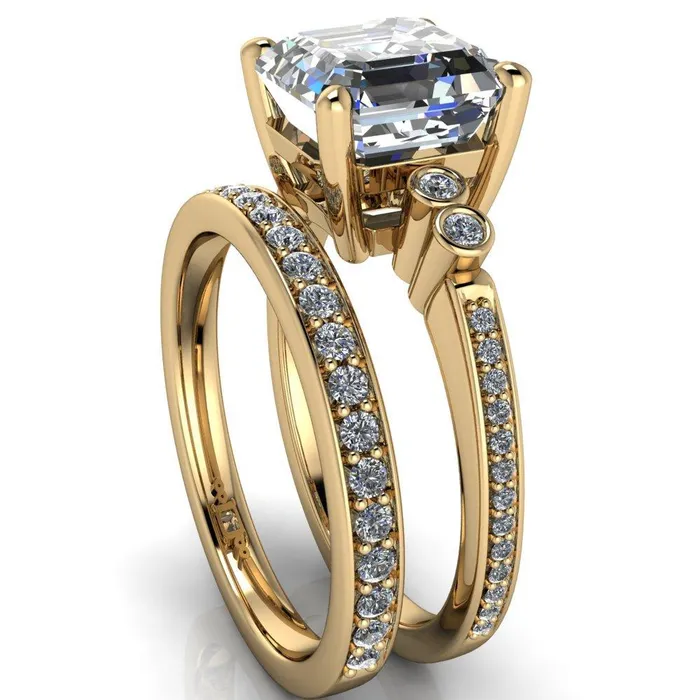 Pascala Asscher Moissanite Diamond Side 4 Prong Engagement Ring Fire Brilliance Rings