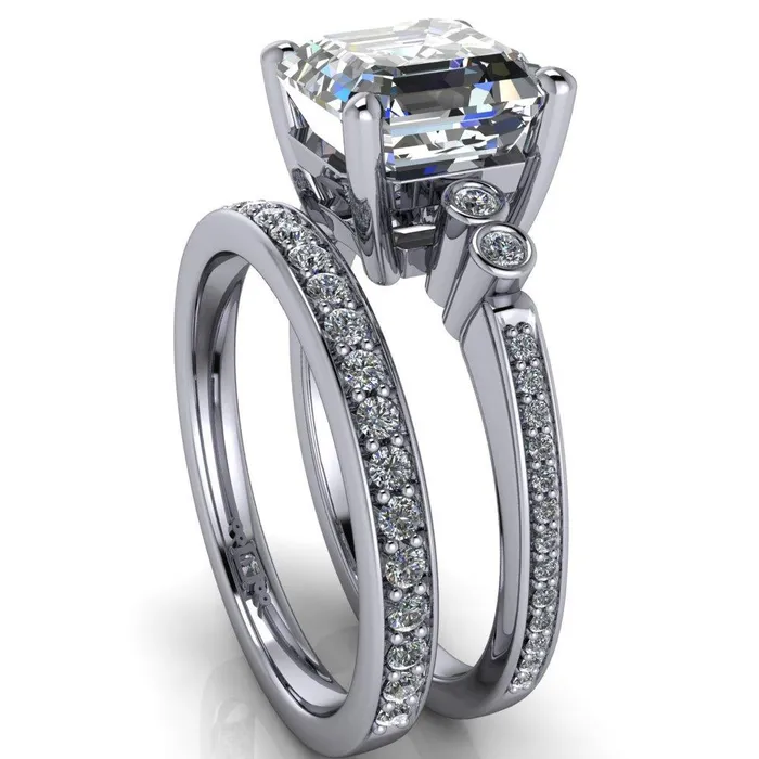 Pascala Asscher Moissanite Diamond Side 4 Prong Engagement Ring Fire Brilliance Rings