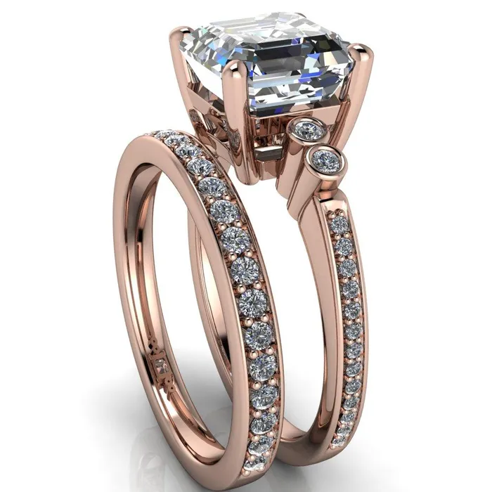 Pascala Asscher Moissanite Diamond Side 4 Prong Engagement Ring Fire Brilliance Rings