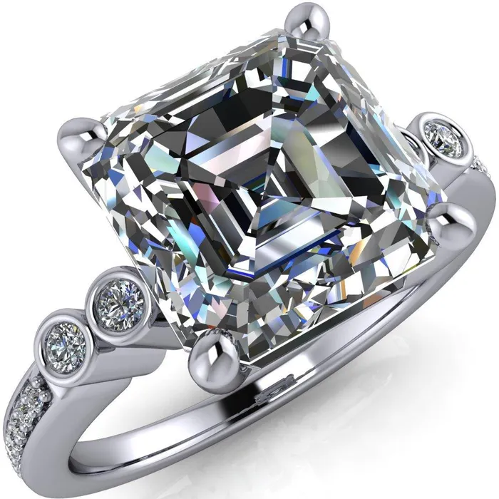 Pascala Asscher Moissanite Diamond Side 4 Prong Engagement Ring Fire Brilliance Rings