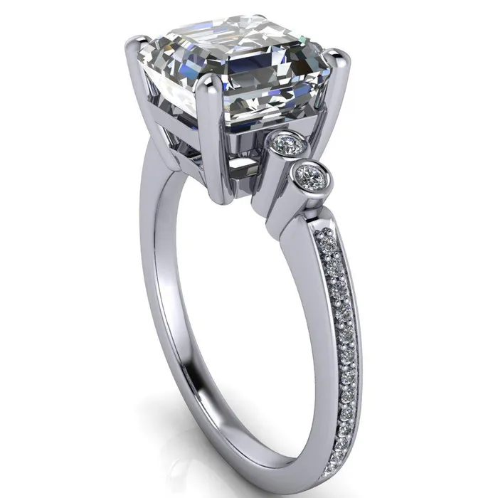 Pascala Asscher Moissanite Diamond Side 4 Prong Engagement Ring Fire Brilliance Rings