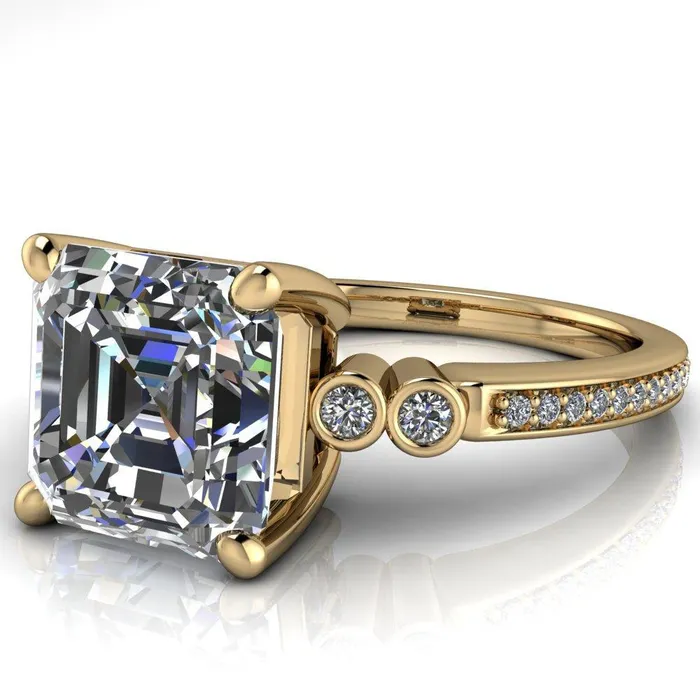 Pascala Asscher Moissanite Diamond Side 4 Prong Engagement Ring Fire Brilliance Rings