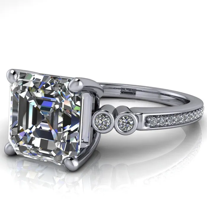 Pascala Asscher Moissanite Diamond Side 4 Prong Engagement Ring Fire Brilliance Rings