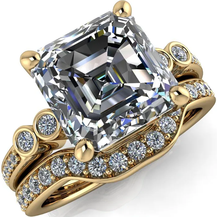 Pascala Asscher Moissanite Diamond Side 4 Prong Engagement Ring Fire Brilliance Rings