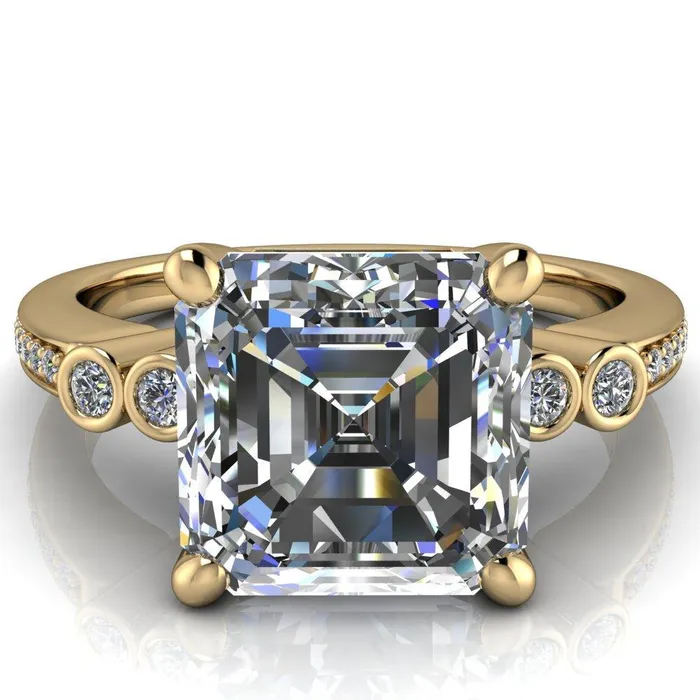 Pascala Asscher Moissanite Diamond Side 4 Prong Engagement Ring Fire Brilliance Rings