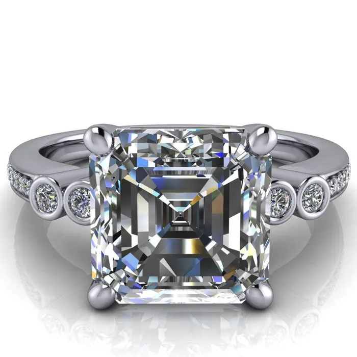 Pascala Asscher Moissanite Diamond Side 4 Prong Engagement Ring Fire Brilliance Rings