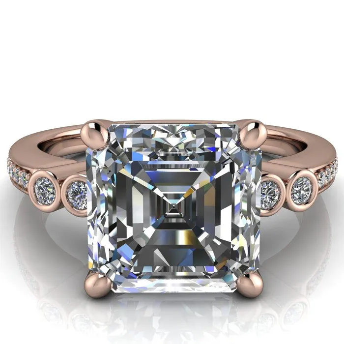 Pascala Asscher Moissanite Diamond Side 4 Prong Engagement Ring Fire Brilliance Rings