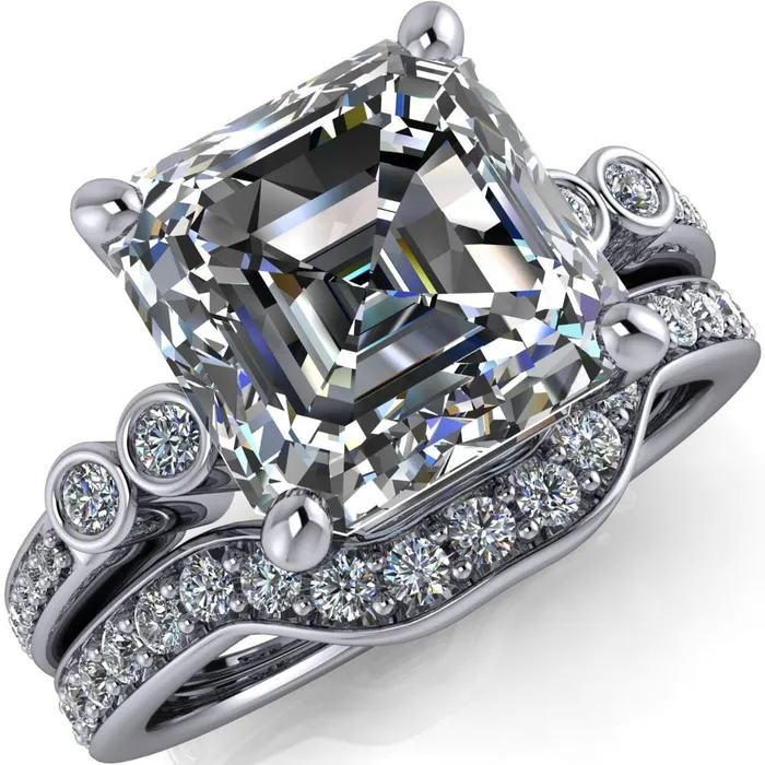 Pascala Asscher Moissanite Diamond Side 4 Prong Engagement Ring Fire Brilliance Rings