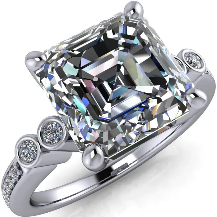 Pascala Asscher Moissanite Diamond Side 4 Prong Engagement Ring Fire Brilliance Rings