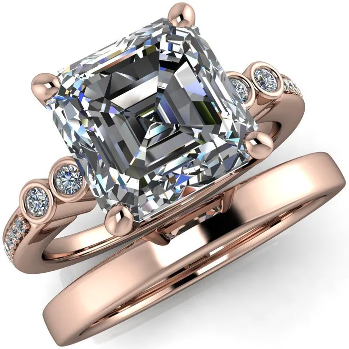 Pascala Asscher Moissanite Diamond Side 4 Prong Engagement Ring Fire Brilliance Rings