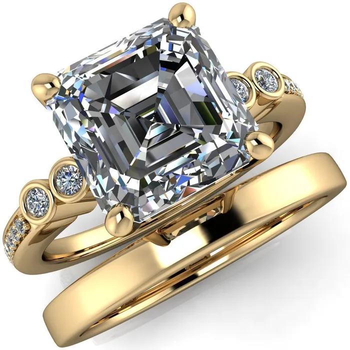 Pascala Asscher Moissanite Diamond Side 4 Prong Engagement Ring Fire Brilliance Rings