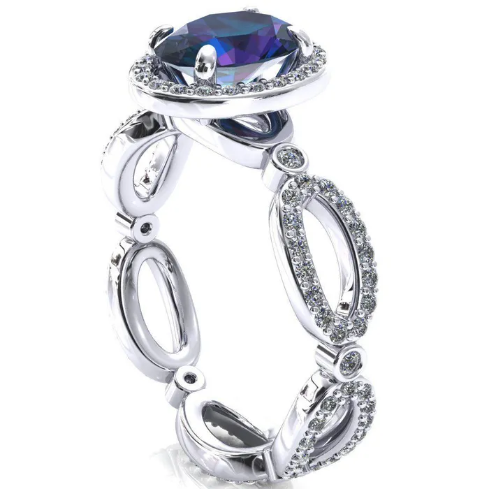 Polaris Oval Alexandrite 4 Claw Prongs Diamond Halo Full Eternity Accent Ring Fire Brilliance Rings