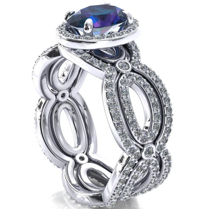 Polaris Oval Alexandrite 4 Claw Prongs Diamond Halo Full Eternity Accent Ring Fire Brilliance Rings