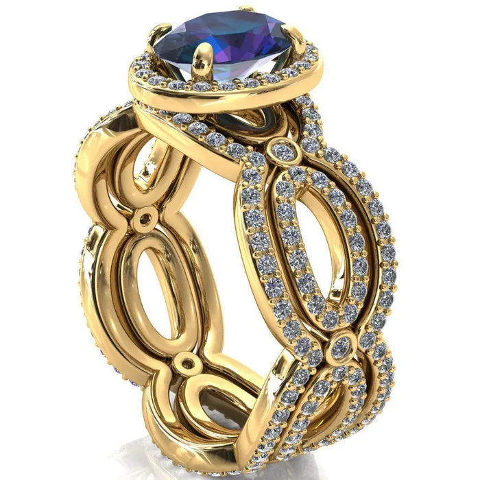 Polaris Oval Alexandrite 4 Claw Prongs Diamond Halo Full Eternity Accent Ring Fire Brilliance Rings