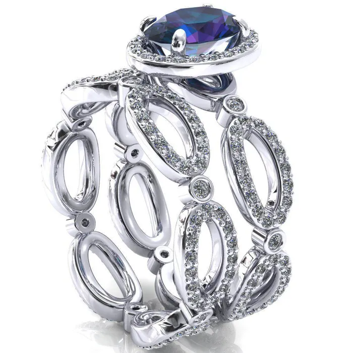 Polaris Oval Alexandrite 4 Claw Prongs Diamond Halo Full Eternity Accent Ring Fire Brilliance Rings